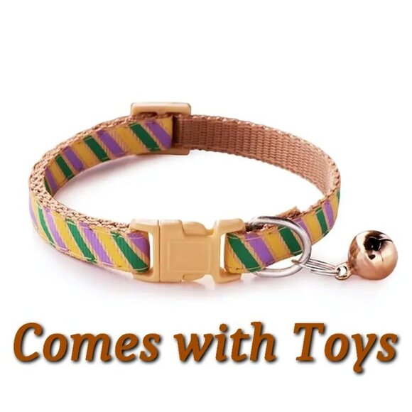 Marlee Candy Stripe Khaki Green Purple Bell Cat Collar with Toys Gift Packaged - Picture 1 of 9